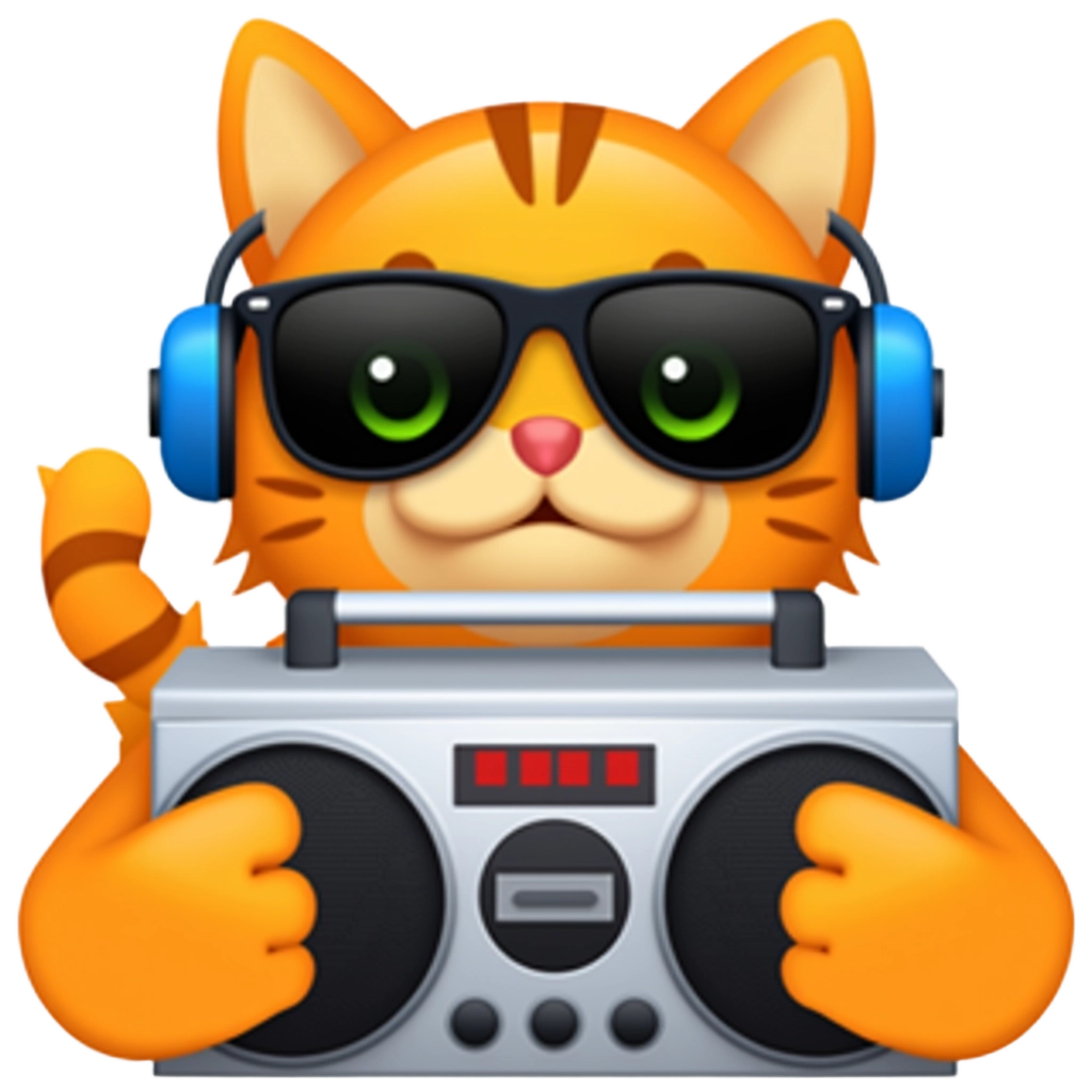 A cool cat with sunglasses, headphones, and a boombox