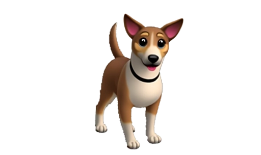 emoji of a standing dog with brown and white fur, large ears, pink tongue, black collar, and an upright tail. cute. enlarged head in cartoon style. head is turned towards viewer. 3D lighting. no cast shadows.