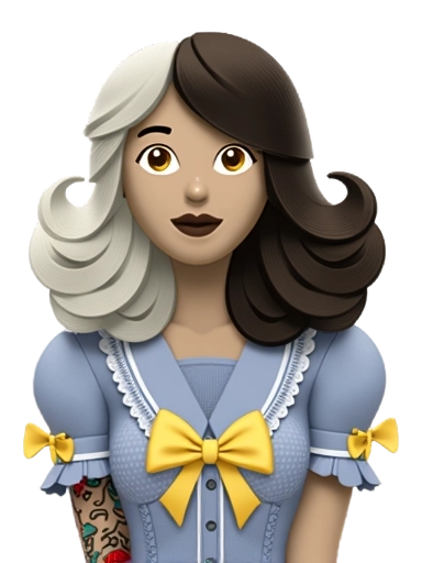 emoji of a light-skinned person with large dark brown eyes, defined dark eyebrows, dark eyeliner with glittery eyeshadow, a silver septum ring, and plump dark nude lips pursed into a kiss, featuring a voluminous curly wig split down the middle with pale blonde hair on the left and dark brown hair on the right, blunt split bangs, and a light blue ruffled bow tucked into the hair on each side, wearing a light blue eyelet dress with short puffy sleeves, a white Peter Pan collar outlined in yellow, yellow lace and ribbon details on the sleeve cuffs, and a large bright yellow satin bow centered on a white eyelet band across the chest, with colorful arm tattoos including a red heart-shaped hand mirror. cute. head is turned towards viewer. 3D lighting. no cast shadows.