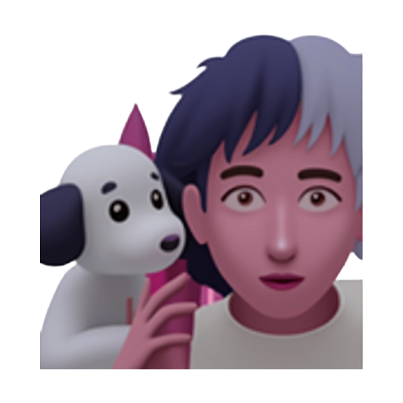 emoji of a light-skinned person with dark arched eyebrows, dark smiling eyes, pronounced pink flushed cheeks, dark pink smiling lips with a slight opening, a tiny silver nose ring on the right nostril, and a split dark grey and white hairstyle with bangs, cuddling a small white fluffy puppy with dark grey patches on its floppy right ear and left eye area, small dark eyes, a small pink nose, and a tiny pink tongue visible. cute. enlarged head in cartoon style. human's head is turned towards viewer. puppy's face is turned towards viewer. 3D lighting. no cast shadows.